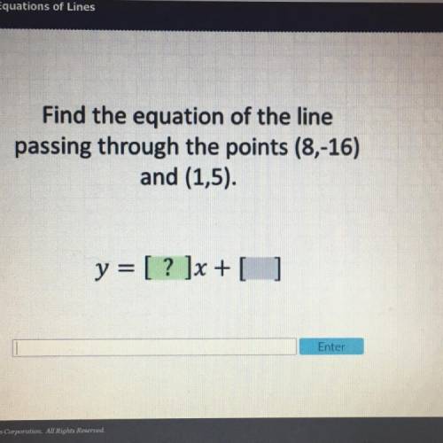 Find the equation of the line passing through the points (8,-16) and (1,5)