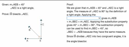 Please help! Prove: Ray E B bisects ∠AEC.