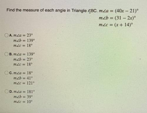 Find the measure of each angle in Triangle ABC. 
m
m
m