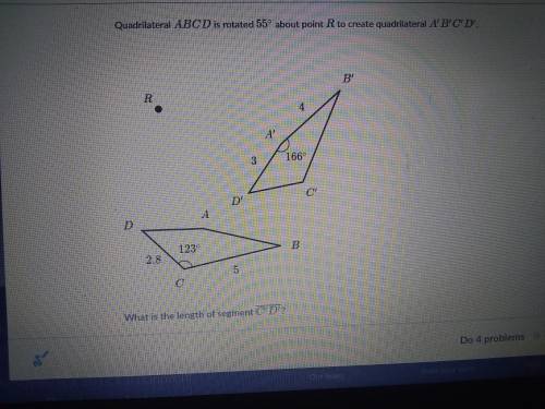 Quadrilateral ABCD is rotated 50 degrees about point R to create quadrilateral A' B' C' D'. What is