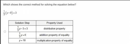 Which shows the correct method for solving the equation below? One-third (y minus 9) = 3 A 2-column