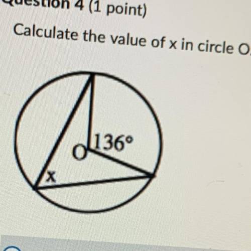 Calculate the value of x in circle O.
136°
X