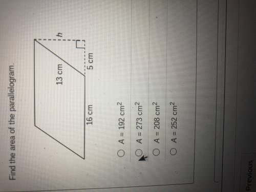 Find the area of the parallelogram. HELP ASAP PLS!! A=192cm^2 A = 273cm^2 A = 208cm^2 A = 252 cm^2