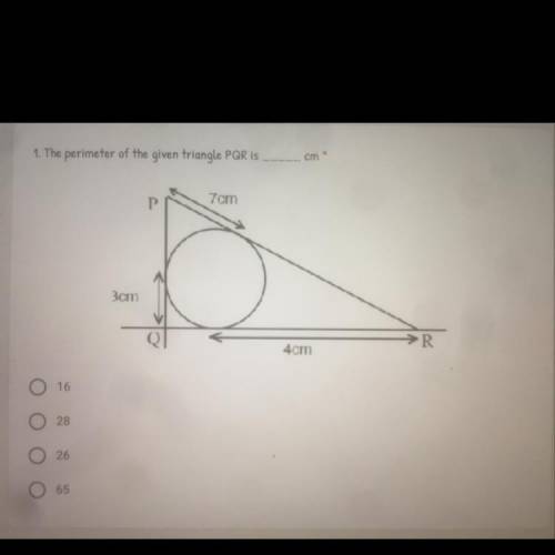 1. The perimeter of the given triangle PQR is
cm.
7 cm
P.
3cm
→R
4cm