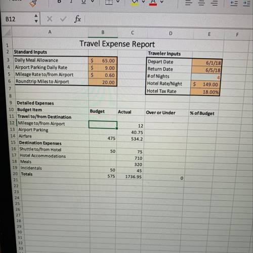 In cell B12, enter a formula to calculate the amount budgeted for mileage to/from Airport. The amou