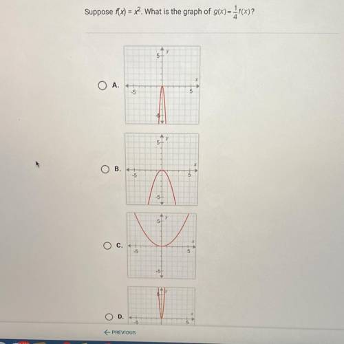 PLEASE HELP!!
Suppose f(x)=x^2. What is the graph of g(x)=1/4 f(x)