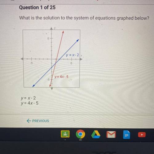 What is the solution to the system of equations graphed below?

A.(0,-5)
B.(0,-2)
C.(1,-1)
D.(2,0)