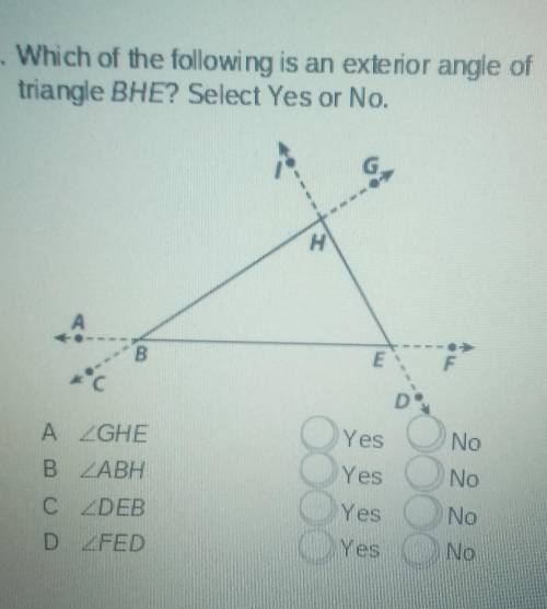 Which of the following is an exterior angle of triangle BHE? Yes or no