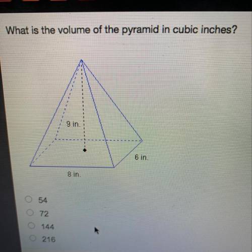 What is the volume of the pyramid in cubic inches?
9in.
6 in.
8 in.