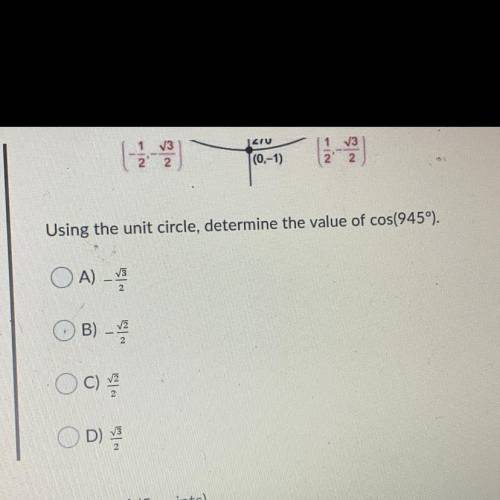 Using the unit circle, determine the value of cos(945°).