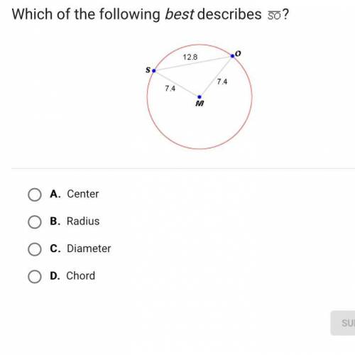 Which of the following best describes so ?

A.
Center
B.
Radius
C.
Diameter
D.
Chord