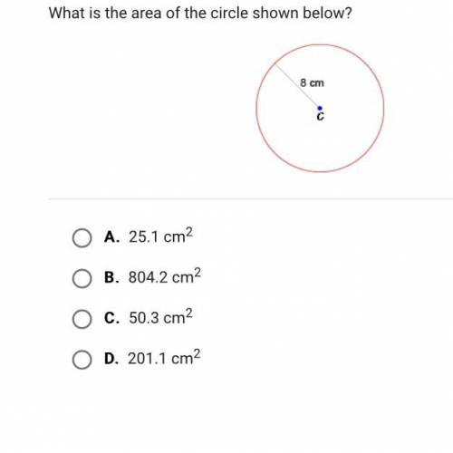 What is the area of the circle shown below?

A.
25.1 cm2
B.
804.2 cm2
C.
50.3 cm2
D.
201.1 cm2