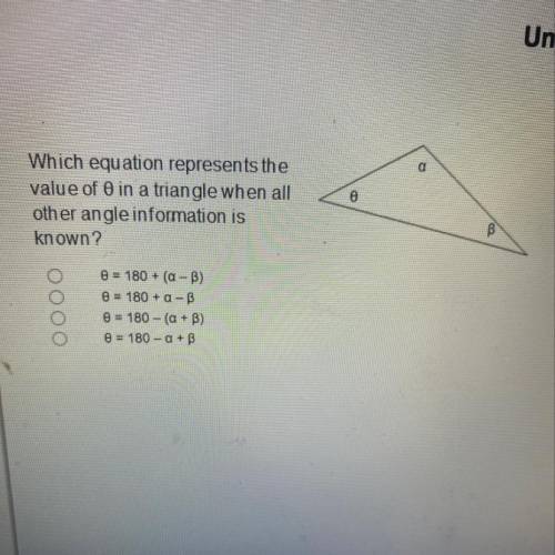 Which equation represents the

value of 0 in a triangle when all
oth er angle information is
known