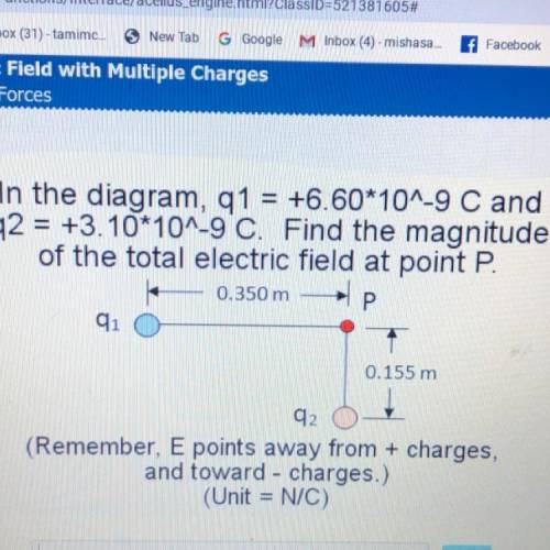 In the diagram, q1 = +6.60*10^-9 C and q2 = +3.10*10^-9 C. Find the magnitude of the total electric