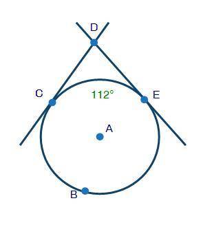 Lines CD and DE are tangent to circle A shown below: If Arc CE is 112°, what is the measure of ∠CDE