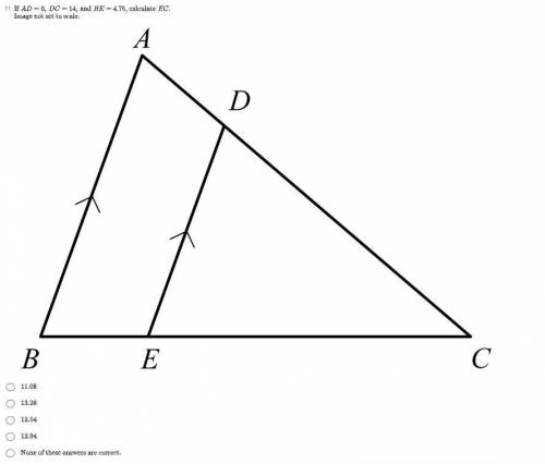 If AD = 6, DC = 14, and BE = 4.75, calculate EC. Image not set to scale.