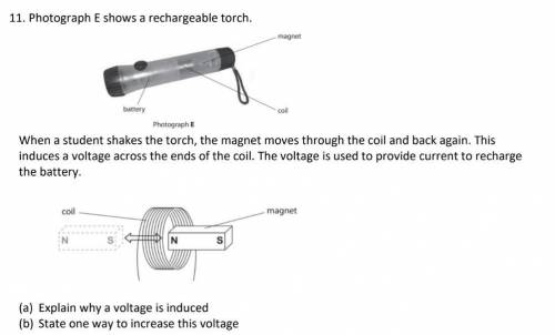 Photograph E shows a rechargeable torch. When a student shakes the torch, the magnet moves through