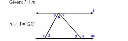 Given the following diagram, find the required measures. Given: l | | m m 1 = 120° m 3 = 40° m 2 =