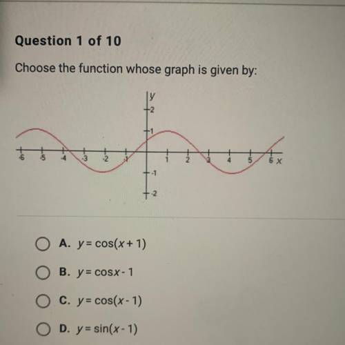 Choose the function whose graph is given by:

Choices:
A. y= cos(x+ 1)
B. y= cosx - 1
C. y= cos(x-