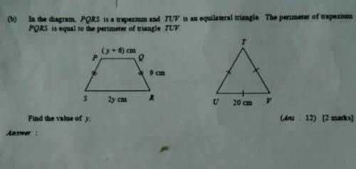 In the diagram, PQRS is a trapezium and TUV is an equilateral triangle. The perimeter of trapezium