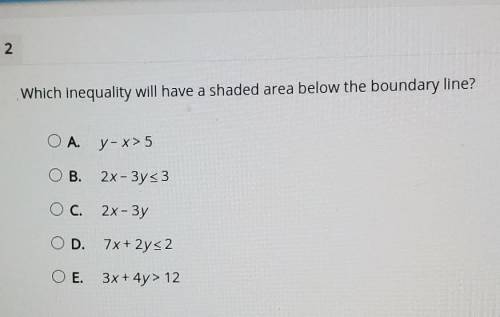 Which inequality will have a shaded area below the boundary line?

A. y-x>5B.2x-3y<3C. 2x-3y