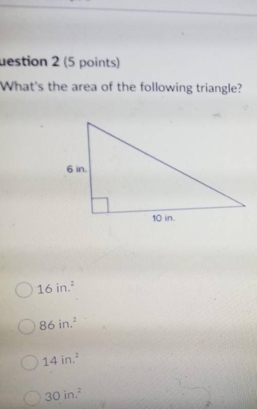 What's the area of the following triangle?

6 in.10 in.16 in.286 in.14 in.?30 in.