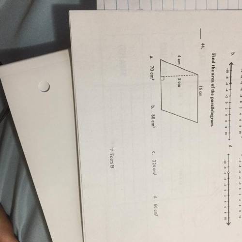Find the area of the parallelogram. 
a. 70cm
b. 80 cm
c. 224 cm
d. 60 cm