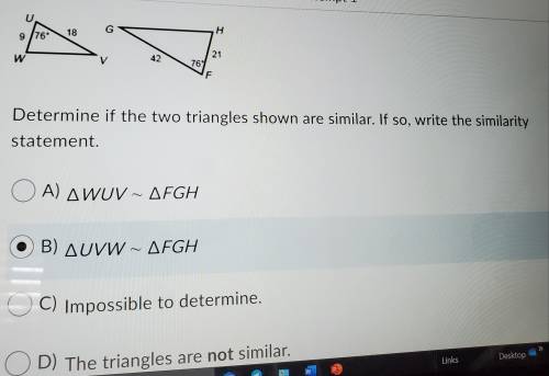 Determine if the two triangles shown are similar. If so, write the similarity statement. options: