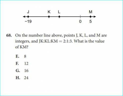 On the number line above, points J, K, L, and M are integers, and JK:KL:KM = 2:1:3. What is the val