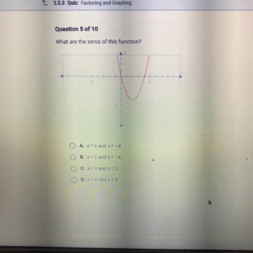 What are the zeros of this function?

A. X = 0 and x = -4
B. X = 2 and x = -4
OC. X = 0 and x = 2