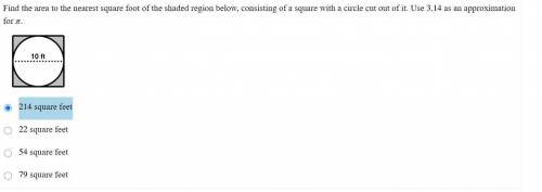 Find the area to the nearest square foot of the shaded region below, consisting of a square with a