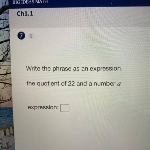 Write the phrase as an expression
the quotient of 22 and a number a
