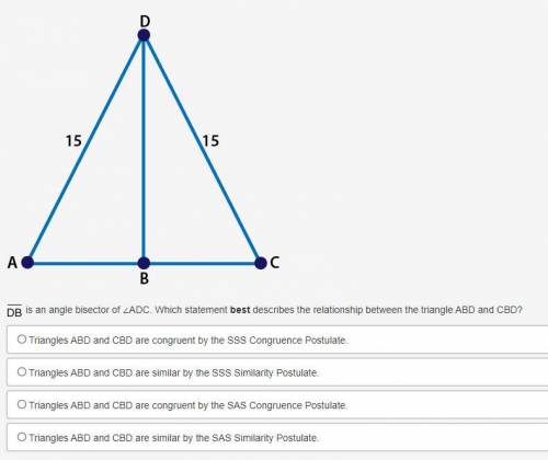 PLS HELP segment DB is an angle bisector of ∠ADC. Which statement best describes the r