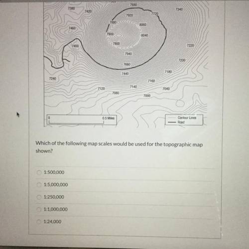 Which of the following map scales would be used for the topographic map shown?