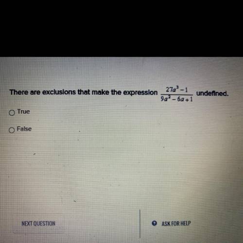 There are exclusions that make the expression 27a^3-1/9a^3-6a+1 undefined

True or false? 
Thank u