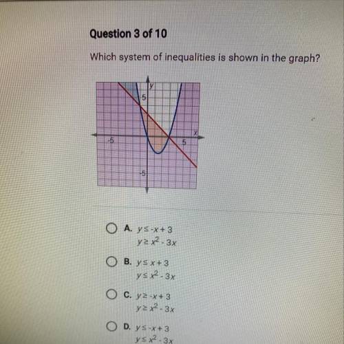 L 2.9.3 Quiz: Nonlinear Inequalities

Question 3 of 10
Which system of inequalities is shown in th