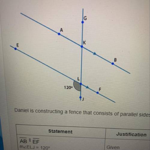 Daniel is constructing a fence that consists of parallel sides AB and EF. Complete the proof to exp