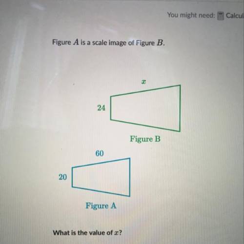 Figure A is a scale image of Figure B.

24
Figure B
60
20
Figure A
What is the value of x?