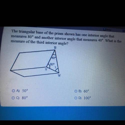 PLEASE HELP ILL GIVE BRAINIEST

The triangular base of the prism shown has one interior angle that