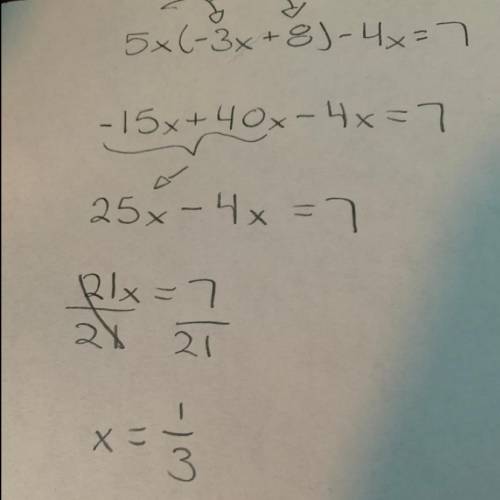 Simplify and write your
answer in standard form
5x(-3x + 8) - 4x = 7