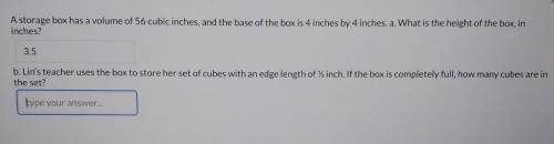 Lin's teacher uses the box to store her set of cubes with an edge length of one half inch. if the b