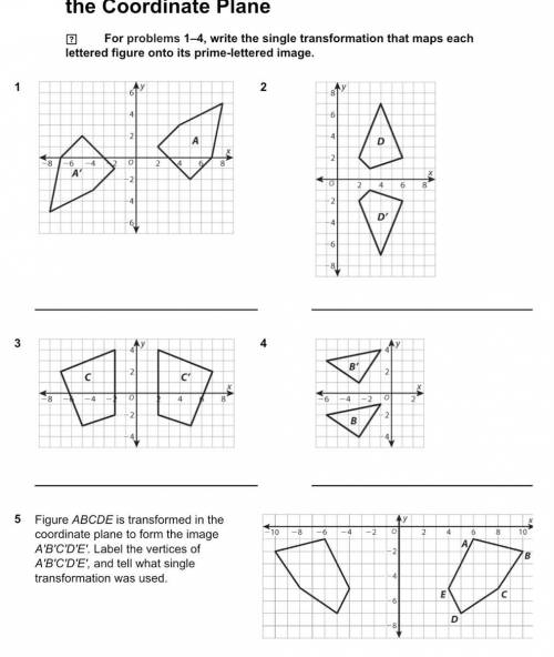 For problems 1–4, write the single transformation that maps each lettered figure onto its prime-let