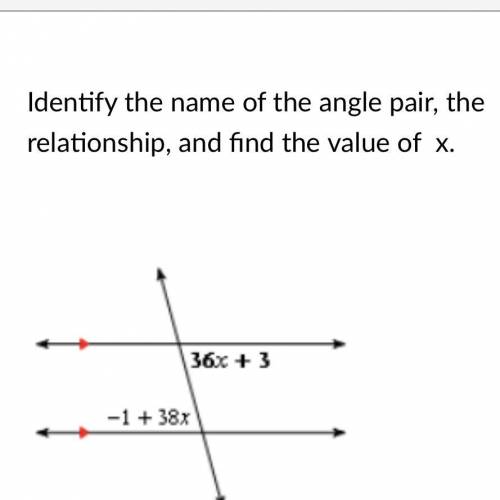 Identify the name of the angle pair, the relationship,and the value of x.