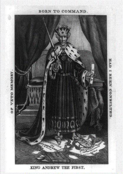 This is a picture of Andre Jackson, It shows Andrew Jackson wearing a king’s robe and crown. In his