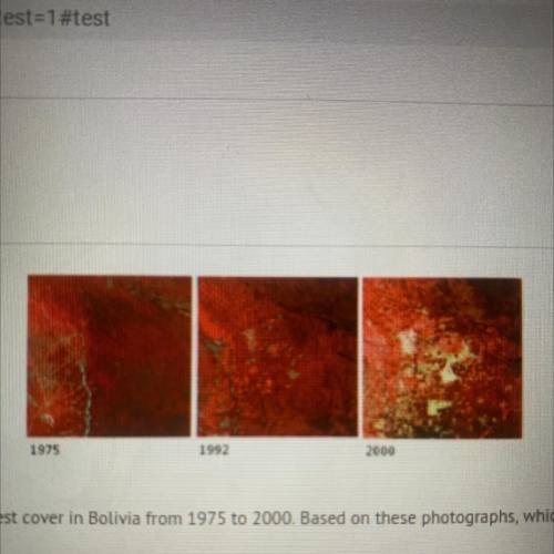 The areas in red show the forest cover in Bolivia from 1975 to 2000. Based on these photographs, wh