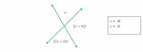 Given the figure below, find the values of x and z.
