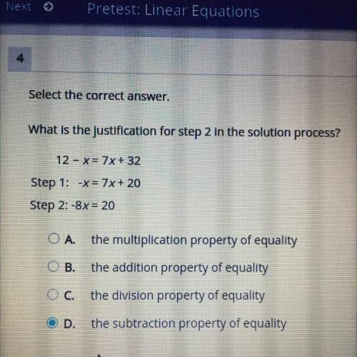 What is the justification for step 2 in the solution process?

12 - X= 7x+32
Step 1: -X= 7x + 20
S
