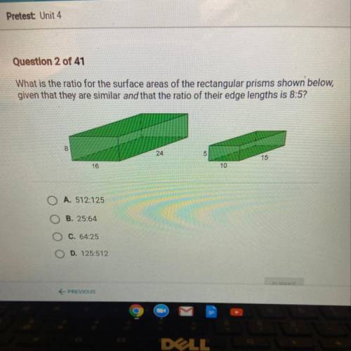 What is the ratio for the surface areas of the rectangular prisms shown below,

given that they ar