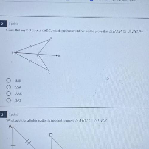 Given that ray BD bisects angle ABC, which method could be used to prove that triangle BAP is congr
