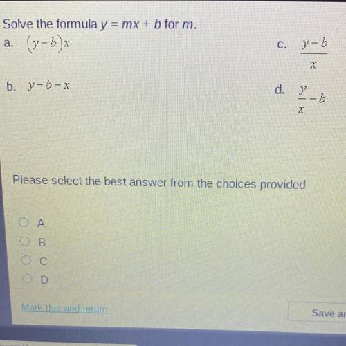 Solve the formula y=Mx+b for m